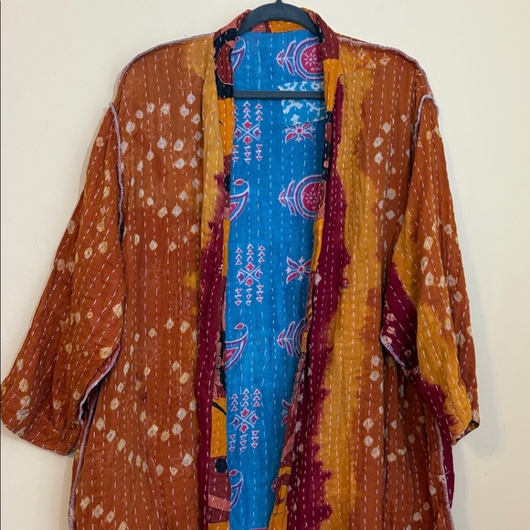 Handmade India Kantha Stitch Cotton Floral Contrast Tie Pockets Duster Cardigan - Picture 9 of 17